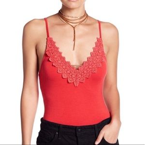 Free People Red Gia Sleeveless V-Neck Bodysuit Large